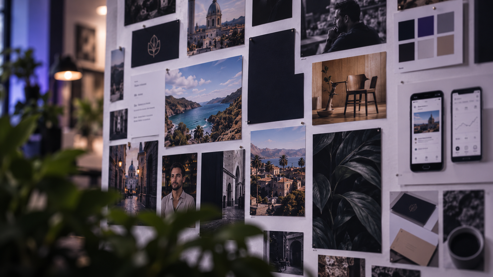 Wall of visual references, mock-ups and interfaces