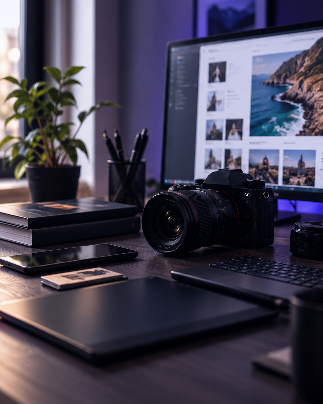 Appareil photo et outils de création multimédia sur un bureau