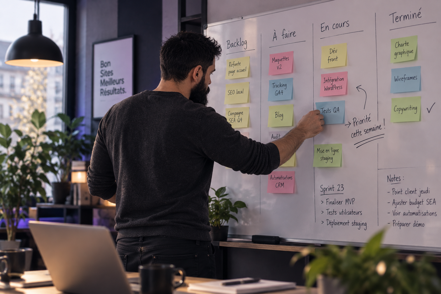 Project board with a backlog, priorities and work in progress
