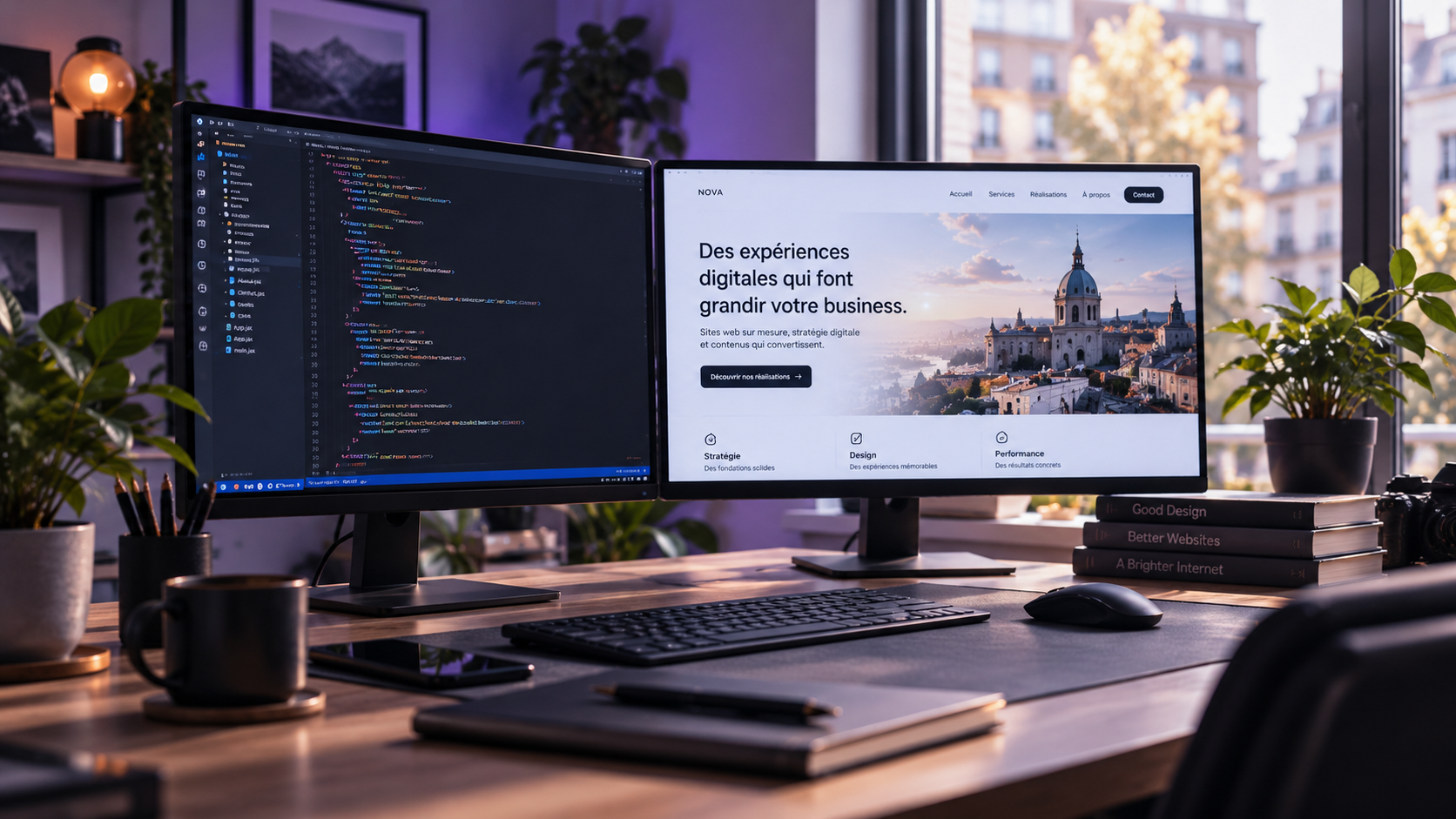 Workstation with code and a website preview